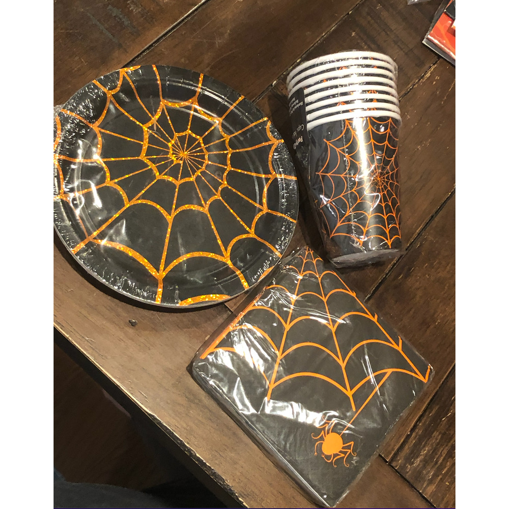 NWT HALLOWEEN PARTY‎ Bundle Dessert Plates Napkins Cups Set Spider Web Spider
